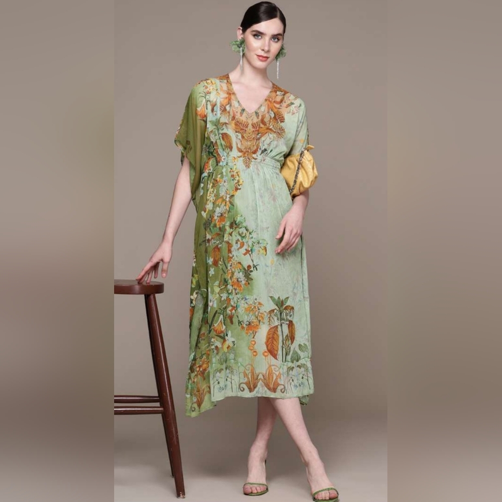 Ritu Kumar Green and Orange Floral Maxi Dress
